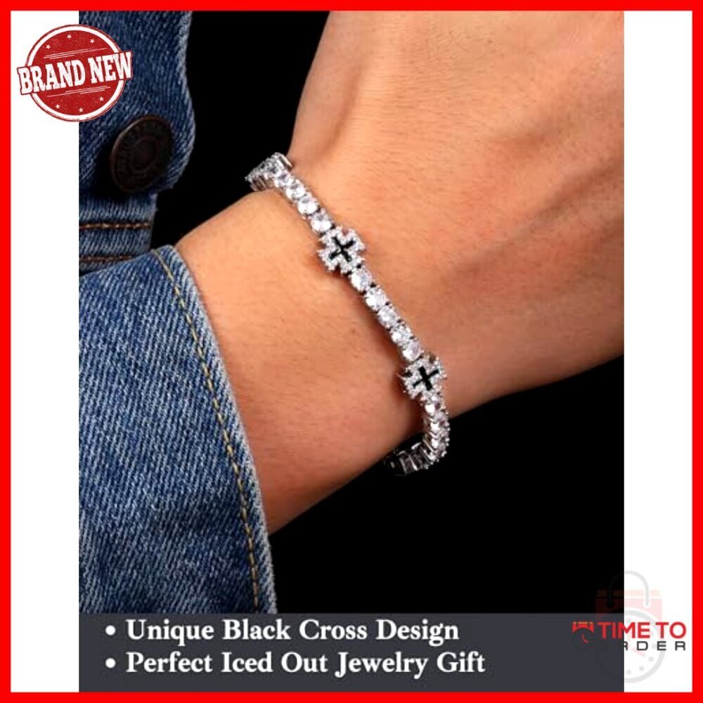 Unisex White Gold Plated Tennis Bracelet with Cross Design 7 Inch - Picture 3 of 7